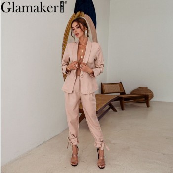 Glamaker Two piece set sexy blazer suits Women lace up casual top and pants Office ladies fashion streetwear female co ord set